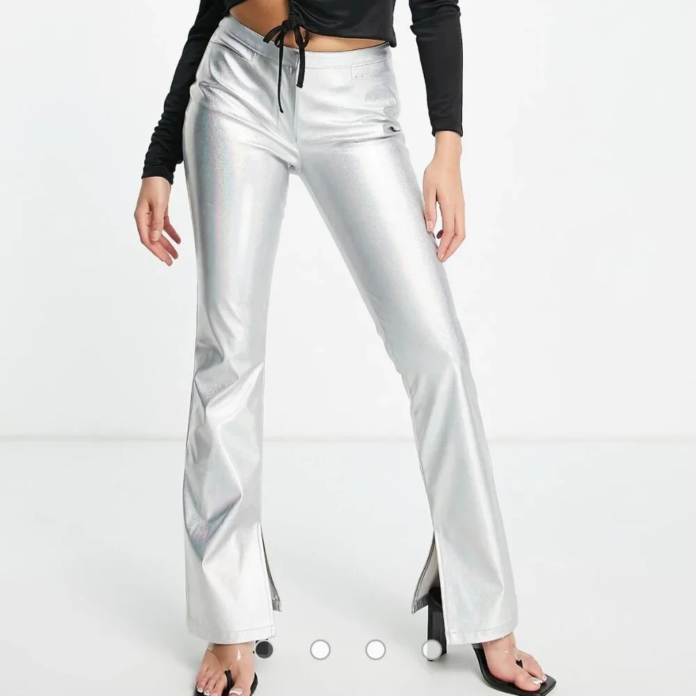 ASOS Design Sparkly Metallic Silver Flare Split Hem Pants Women's size 0